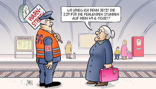 Cartoon: Bahnstreiks und 49-Euro-Ticket (medium) by Harm Bengen tagged fehlende,stunden,49,euro,ticket,susemil,bahnhof,bahnsteig,evg,bahnstreiks,warnstreik,streik,lohn,gehalt,tarifverhandlungen,db,bahn,harm,bengen,cartoon,karikatur,fehlende,stunden,49,euro,ticket,susemil,bahnhof,bahnsteig,evg,bahnstreiks,warnstreik,streik,lohn,gehalt,tarifverhandlungen,db,bahn,harm,bengen,cartoon,karikatur