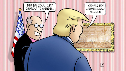 Cartoon: Ballsaal (medium) by Harm Bengen tagged weißes,haus,ballsaal,neubau,großartig,kronensaal,koenig,trump,usa,harm,bengen,cartoon,karikatur,weißes,haus,ballsaal,neubau,großartig,kronensaal,koenig,trump,usa,harm,bengen,cartoon,karikatur