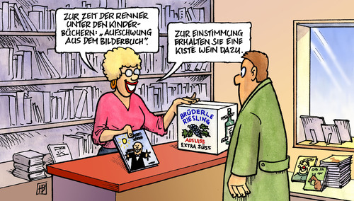 Cartoon: Bilderbuch-Aufschwung (medium) by Harm Bengen tagged bilderbuch,aufschwung,konjunktur,wirtschaft,wirtschaftsminister,brüderle,buch,kinder,wein,alkohol,betäubung,einstimmung,buchladen,kunde,wirtschaftsbericht,rekordwachstum,bilderbuch,aufschwung,konjunktur,wirtschaftsminister,wirtschaft,brüderle,buch,kinder,wein,alkohol,betäubung,einstimmung,wirtschaftsbericht,rekordwachstum,kunde,buchladen