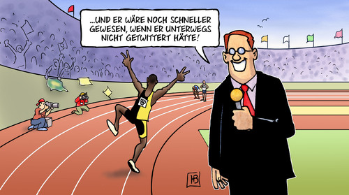 Cartoon: Bolt in Rio (medium) by Harm Bengen tagged usain,bolt,rio,olympia,100,sprint,goldmedaille,twitter,harm,bengen,cartoon,karikatur,usain,bolt,rio,olympia,100,sprint,goldmedaille,twitter,harm,bengen,cartoon,karikatur