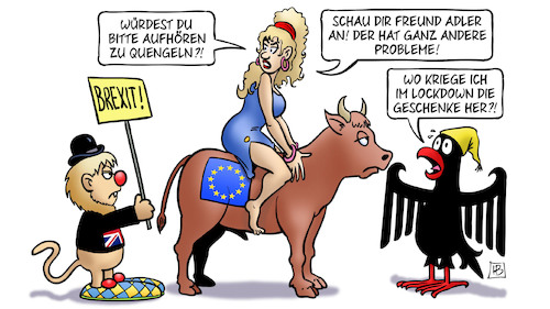 Cartoon: Brexit und Lockdown (medium) by Harm Bengen tagged quengeln,brexit,lockdown,europa,eu,stier,adler,bundesadler,loewe,uk,gb,kind,schild,probleme,weihnachtsgeschenke,geschenke,corona,harm,bengen,cartoon,karikatur,quengeln,brexit,lockdown,europa,eu,stier,adler,bundesadler,loewe,uk,gb,kind,schild,probleme,weihnachtsgeschenke,geschenke,corona,harm,bengen,cartoon,karikatur