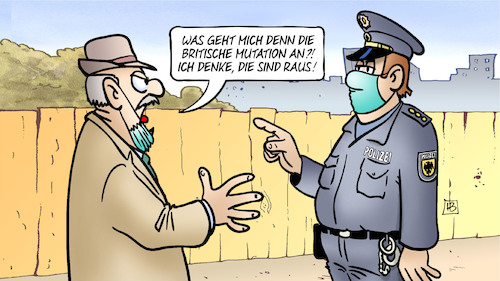 Cartoon: Britsche Mutation (medium) by Harm Bengen tagged britische,mutation,brexit,gb,uk,streit,masken,polizei,polizist,verwarnung,corona,zaun,harm,bengen,cartoon,karikatur,britische,mutation,brexit,gb,uk,streit,masken,polizei,polizist,verwarnung,corona,zaun,harm,bengen,cartoon,karikatur