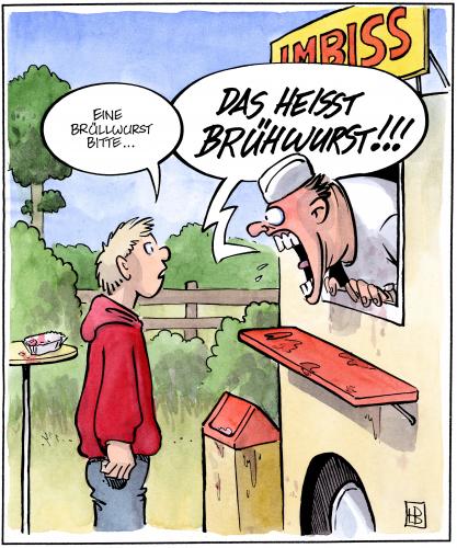 Cartoon: Brüllwurst (medium) by Harm Bengen tagged brüllwurst,brühwurst,imbiss,schrei,wurst,bedienung,gastronomie,essen,fastfood,brüllwurst,brühwurst,imbiss,schreien,fastfood,wurst,verkäufer,kunde,wut,brüllen,versprecher,sprachfehler,snack,einschüchtern,küchenbulle,imbisswagen,grill,einschüchterungsversuch,service,kundenservice,umgang,umgangsformen,kinderstube,erziehung,essen,mahlzeit,hunger,würstchen,armes würstchen,belehrung,hinweis,tipp,korrektur,wutausbruch,choleriker,armes