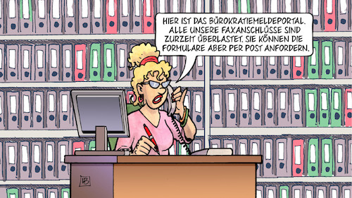 Cartoon: Bürokratiemeldeportal (medium) by Harm Bengen tagged bürokratiemeldeportal,faxanschlüsse,formulare,post,sekretärin,ordner,aktenordner,klausurtagung,bundesregierung,harm,bengen,cartoon,karikatur,bürokratiemeldeportal,faxanschlüsse,formulare,post,sekretärin,ordner,aktenordner,klausurtagung,bundesregierung,harm,bengen,cartoon,karikatur