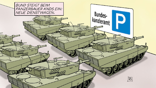 Cartoon: Bund-Einstieg bei KNDS (medium) by Harm Bengen tagged bund,panzerbauer,knds,rüstung,dienstwagen,parkplatz,panzer,bundeskanzleramt,harm,bengen,cartoon,karikatur,bund,panzerbauer,knds,rüstung,dienstwagen,parkplatz,panzer,bundeskanzleramt,harm,bengen,cartoon,karikatur