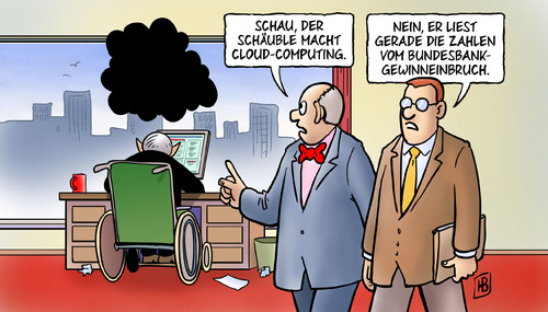 Cartoon: Bundesbankgewinneinbruch (medium) by Harm Bengen tagged bundesbankgewinneinbruch,schulden,haushalt,schaeuble,finanzminister,cloud,computing,cloudcomputing,it,cebit,messe,computer,rechner,wolke,bundesbankgewinneinbruch,schulden,haushalt,schäuble,cloud,computing,cloudcomputing,cebit,messe,computer,rechner