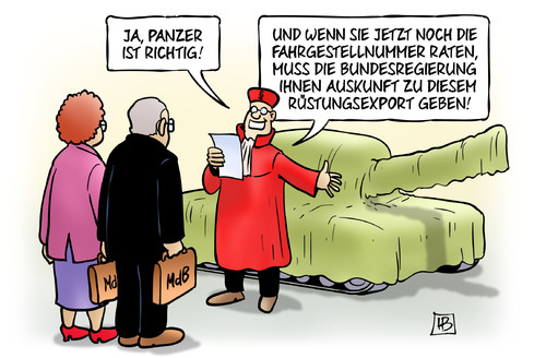 Cartoon: BVerfG zu Rüstungsexport (medium) by Harm Bengen tagged panzer,fahrgestellnummer,bundesregierung,auskunft,rüstungsexport,anfrage,bundestag,bundestagsabgeordnete,klage,bundesverfassungsgericht,bverfg,urteil,harm,bengen,cartoon,karikatur,panzer,fahrgestellnummer,bundesregierung,auskunft,rüstungsexport,anfrage,bundestag,bundestagsabgeordnete,klage,bundesverfassungsgericht,bverfg,urteil,harm,bengen,cartoon,karikatur