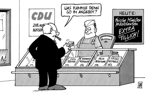 Cartoon: CDU-Sponsoring (medium) by Harm Bengen tagged cdu,nrw,sachsen,rüttgers,ruettgers,ministerpräsident,ministerpraesident,mieten,kaufen,bestechung,wahl,wahlkampf,veranstaltung,klientel