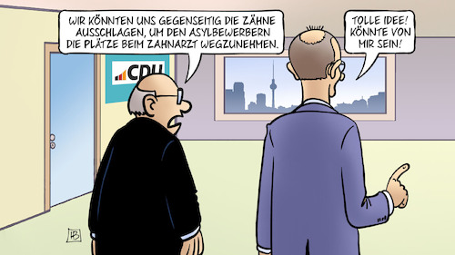 Cartoon: CDU-Zähne (medium) by Harm Bengen tagged cdu,zähne,ausschlagen,asylbewerber,migration,plätze,zahnarzt,idee,populismus,merz,harm,bengen,cartoon,karikatur,cdu,zähne,ausschlagen,asylbewerber,migration,plätze,zahnarzt,idee,populismus,merz,harm,bengen,cartoon,karikatur