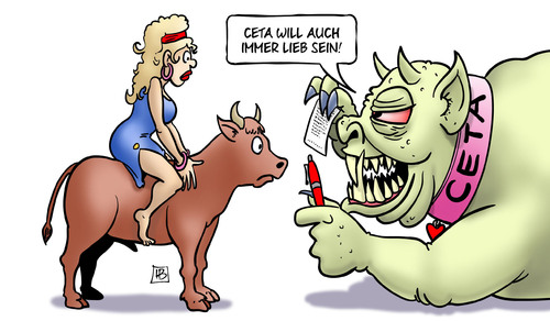 Cartoon: CETA lieb (medium) by Harm Bengen tagged ceta,eu,europa,stier,kanada,freihandelsabkommen,unterzeichnen,monster,harm,bengen,cartoon,karikatur,ceta,eu,europa,stier,kanada,freihandelsabkommen,unterzeichnen,monster,harm,bengen,cartoon,karikatur