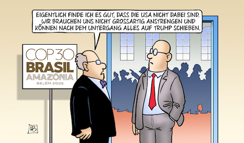 Cartoon: COP-Sündenbock (medium) by Harm Bengen tagged usa,untergang,trump,gipfel,sündenbock,cop30,klimakonferenz,belem,brasilien,harm,bengen,cartoon,karikatur,usa,untergang,trump,gipfel,sündenbock,cop30,klimakonferenz,belem,brasilien,harm,bengen,cartoon,karikatur