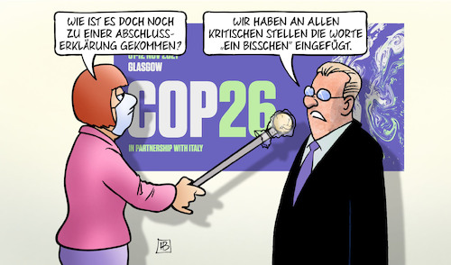 Cartoon: COP26-Abschluss (medium) by Harm Bengen tagged abschlusserklaerung,kritische,worte,bisschen,eingefuegt,interview,weltklimakonferenz,cop26,klimaschutz,klimawandel,harm,bengen,cartoon,karikatur,abschlusserklaerung,kritische,worte,bisschen,eingefuegt,interview,weltklimakonferenz,cop26,klimaschutz,klimawandel,harm,bengen,cartoon,karikatur