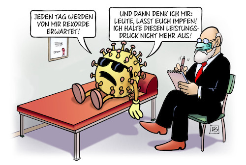 Cartoon: Corona-Leistungsdruck (medium) by Harm Bengen tagged rekorde,erwartungen,leistungsdruck,corona,impfung,impfstoff,impfen,psychiater,psychologe,virus,harm,bengen,cartoon,karikatur,rekorde,erwartungen,leistungsdruck,corona,impfung,impfstoff,impfen,psychiater,psychologe,virus,harm,bengen,cartoon,karikatur