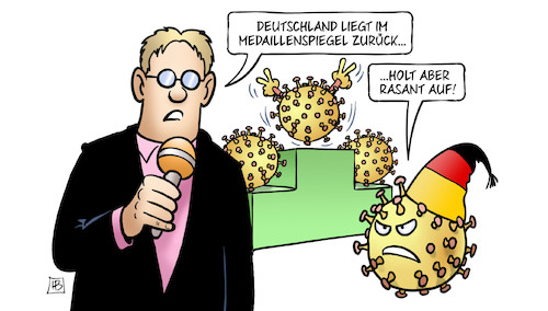 Cartoon: Corona-Medaillenspiegel (medium) by Harm Bengen tagged deutschland,medaillenspiegel,sport,podest,treppchen,virus,viren,sieg,corona,reporter,harm,bengen,cartoon,karikatur,deutschland,medaillenspiegel,sport,podest,treppchen,virus,viren,sieg,corona,reporter,harm,bengen,cartoon,karikatur