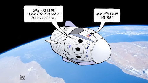 Cartoon: Crew-Dragon (medium) by Harm Bengen tagged crew,dragon,tesla,elon,musk,vater,darth,vader,weltraumfahrt,erde,nasa,harm,bengen,cartoon,karikatur,crew,dragon,tesla,elon,musk,vater,darth,vader,weltraumfahrt,erde,nasa,harm,bengen,cartoon,karikatur