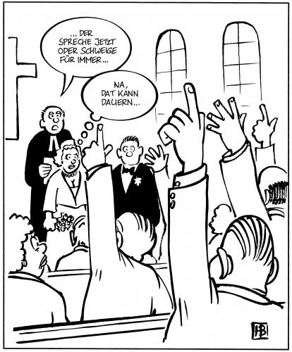 Cartoon: Das kann dauern... (medium) by Harm Bengen tagged hochzeit,trauung,ehe,kirche,scheidung,trennung,braut,bräutigam,priester,pfarrer,einspruch,widerspruch,warnung,heirat,ehepaar,liebe,beziehung,partnerschaft,mann,frau,religion,ex,liebhaber,eifersucht