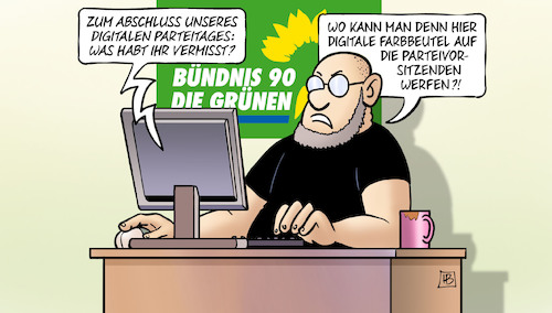 Cartoon: Digitaler Parteitag (medium) by Harm Bengen tagged digitaler,parteitag,abschluss,grüne,computer,farbbeutel,parteivorsitzenden,werfen,harm,bengen,cartoon,karikatur,digitaler,parteitag,abschluss,grüne,computer,farbbeutel,parteivorsitzenden,werfen,harm,bengen,cartoon,karikatur