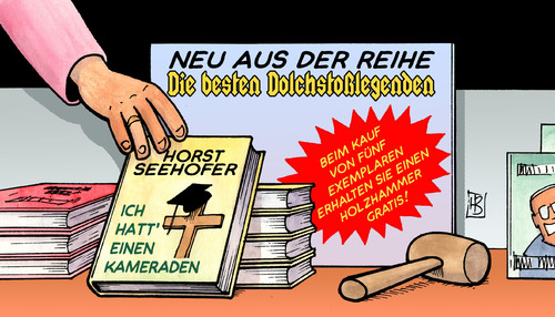 Cartoon: Dolchstoßlegende (medium) by Harm Bengen tagged dolchstoßlegende,dolchstoß,legende,dolch,seehofer,csu,guttenberg,rücktritt,schavan,lammert,betrug,doktor,doktorarbeit,doktorhut,tot,tod,kamerad,buch,neuerscheinung,dolchstoß,dolchstoßlegende,legende,dolch,seehofer,guttenberg,rücktritt,schavan,lammert,betrug,doktor,doktorarbeit