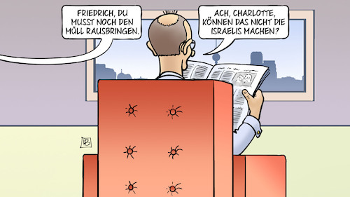 Cartoon: Drecksarbeit (medium) by Harm Bengen tagged friedrich,merz,müll,rausbringen,drecksarbeit,charlotte,israelis,konflikt,kritik,krieg,iran,israel,zeitung,lesen,harm,bengen,cartoon,karikatur,friedrich,merz,müll,rausbringen,drecksarbeit,charlotte,israelis,konflikt,kritik,krieg,iran,israel,zeitung,lesen,harm,bengen,cartoon,karikatur