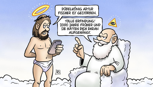 Cartoon: Dübel-Fischer (medium) by Harm Bengen tagged dübelkönig,artur,fischer,gestorben,tod,himmel,gott,jesus,erfindung,erfinder,kreuzigung,harm,bengen,cartoon,karikatur,dübelkönig,artur,fischer,gestorben,tod,himmel,gott,jesus,erfindung,erfinder,kreuzigung,harm,bengen,cartoon,karikatur