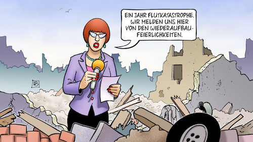 Cartoon: Ein Jahr Flutkatastrophe (medium) by Harm Bengen tagged ein,jahr,flutkatastrophe,ahrtal,wiederaufbau,feierlichkeiten,reporterin,ruinen,truemmer,harm,bengen,cartoon,karikatur,ein,jahr,flutkatastrophe,ahrtal,wiederaufbau,feierlichkeiten,reporterin,ruinen,truemmer,harm,bengen,cartoon,karikatur