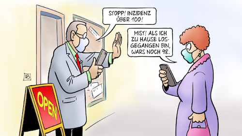 Cartoon: Einkauf und Inzidenz (medium) by Harm Bengen tagged stopp,inzidenz,100,98,einkauf,geschäft,laden,verkäufer,kundin,corona,masken,handy,lockdown,öffnungen,harm,bengen,cartoon,karikatur,stopp,inzidenz,100,98,einkauf,geschäft,laden,verkäufer,kundin,corona,masken,handy,lockdown,öffnungen,harm,bengen,cartoon,karikatur