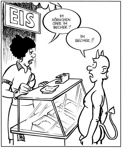 Cartoon: eis (medium) by Harm Bengen tagged eisverkäufer,verkäufer,eis,essen,ernährung,speiseeis,teufel,luzifer,satan,hölle,sommer,hörner,hörnchen,becher,handel,verkauf,konsum,konsument,kunde