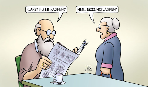 Cartoon: Eisglätte (medium) by Harm Bengen tagged einkaufen,glatteis,winter,olympia,eiskunstlaufen,susemil,harm,bengen,cartoon,karikatur,einkaufen,glatteis,winter,olympia,eiskunstlaufen,susemil,harm,bengen,cartoon,karikatur