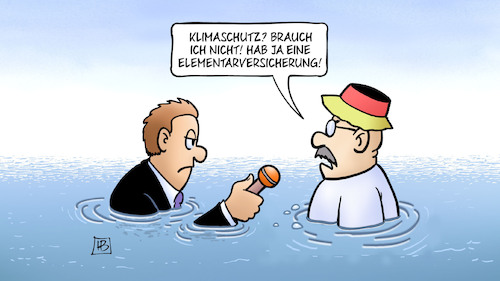 Cartoon: Elementarversicherung (medium) by Harm Bengen tagged klimaschutz,klimawandel,hochwasser,elementarversicherung,wasser,interview,reichsbürgerhut,harm,bengen,cartoon,karikatur,klimaschutz,klimawandel,hochwasser,elementarversicherung,wasser,interview,reichsbürgerhut,harm,bengen,cartoon,karikatur