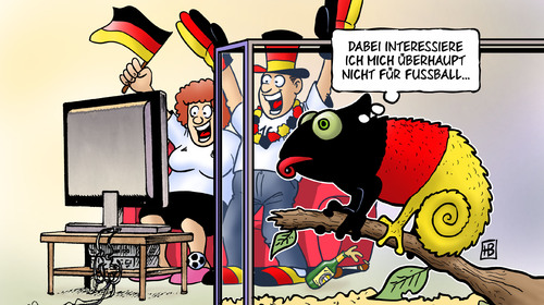 Cartoon: EM-Auftakt (medium) by Harm Bengen tagged em,auftakt,europameisterschaft,fussball,schwarz,rot,gold,nationalfarben,nationalismus,fans,chamäleon,begeisterung,interesse,em,auftakt,europameisterschaft,euro 2012,em 2012chamäleon,fans,nationalismus,euro,2012,2012chamäleon