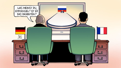 Cartoon: Entfernte Kontakte (medium) by Harm Bengen tagged entfernte,kontakte,videokonferenz,scholz,macron,deutschland,frankreich,langer,tisch,putin,russland,ukraine,krieg,angriff,harm,bengen,cartoon,karikatur,entfernte,kontakte,videokonferenz,scholz,macron,deutschland,frankreich,langer,tisch,putin,russland,ukraine,krieg,angriff,harm,bengen,cartoon,karikatur