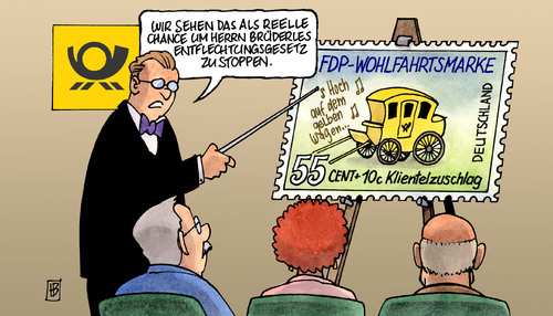 Cartoon: Entflechtungsgesetz (medium) by Harm Bengen tagged entflechtungsgesetz,fdp,wirtschaftsminister,brüderle,post,monopol,klientel,briefmarke,zustellung,kartellamt,entflechtungsgesetz,fdp,brüderle,post,monopol,briefmarke,zustellung,kartellamt