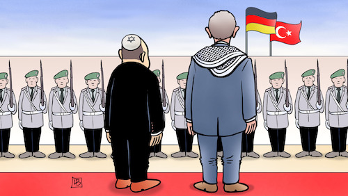 Cartoon: Erdogan-Besuch (medium) by Harm Bengen tagged erdogan,besuch,deutschland,türkei,staatsbesuch,scholz,kippa,kufiya,antisemitismus,gaza,israel,hamas,palästina,terror,krieg,harm,bengen,cartoon,karikatur,erdogan,besuch,deutschland,türkei,staatsbesuch,scholz,kippa,kufiya,antisemitismus,gaza,israel,hamas,palästina,terror,krieg,harm,bengen,cartoon,karikatur