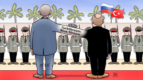 Cartoon: Erdogan in Sotchi (medium) by Harm Bengen tagged erdogan,sotchi,putin,tuerkei,blue,stream,turkstream,pipeline,staatsbescuh,empfang,soldaten,krieg,ukraine,russland,harm,bengen,cartoon,karikatur,erdogan,sotchi,putin,tuerkei,blue,stream,turkstream,pipeline,staatsbescuh,empfang,soldaten,krieg,ukraine,russland,harm,bengen,cartoon,karikatur