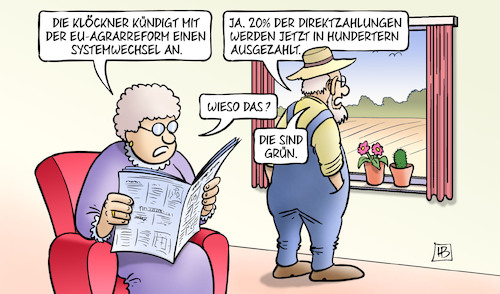 Cartoon: EU-Agrarreform (medium) by Harm Bengen tagged klöckner,eu,agrarreform,systemwechsel,bauer,landwirtschaft,direktzahlungen,hunderter,grün,harm,bengen,cartoon,karikatur,klöckner,eu,agrarreform,systemwechsel,bauer,landwirtschaft,direktzahlungen,hunderter,grün,harm,bengen,cartoon,karikatur