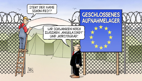 Cartoon: EU-Aufnahmelager (medium) by Harm Bengen tagged name,angelastadt,horstograd,geschlossenes,aufnahmelager,migration,flüchtlinge,europa,eu,gipfel,kz,harm,bengen,cartoon,karikatur,name,angelastadt,horstograd,geschlossenes,aufnahmelager,migration,flüchtlinge,europa,eu,gipfel,kz,harm,bengen,cartoon,karikatur