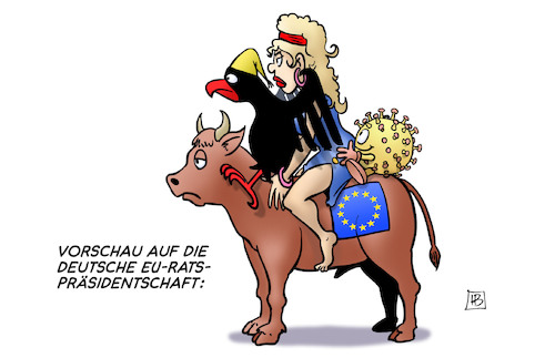 Cartoon: EU-Ratspräsidentschaft (medium) by Harm Bengen tagged vorschau,deutsche,eu,ratspräsidentschaft,europa,stier,adler,bundesadler,coronavirus,harm,bengen,cartoon,karikatur,vorschau,deutsche,eu,ratspräsidentschaft,europa,stier,adler,bundesadler,coronavirus,harm,bengen,cartoon,karikatur