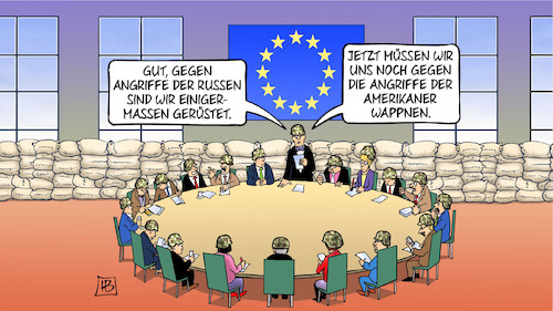 Cartoon: EU-Verteidigungsgipfel (medium) by Harm Bengen tagged angriffe,russen,rüstung,amerikaner,usa,russland,verteidigungsgipfel,europa,eu,gipfel,stahlhelme,helme,sandsäcke,harm,bengen,cartoon,karikatur,angriffe,russen,rüstung,amerikaner,usa,russland,verteidigungsgipfel,europa,eu,gipfel,stahlhelme,helme,sandsäcke,harm,bengen,cartoon,karikatur