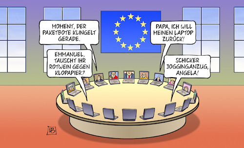 Cartoon: EU-Videokonferenzen (medium) by Harm Bengen tagged paketbote,laptop,macron,merkel,homeoffice,quarantäne,rotwein,klopapier,jogginganzug,videokonferenzen,eu,europa,gipfel,corona,coronavirus,ansteckung,pandemie,epidemie,krankheit,schaden,harm,bengen,cartoon,karikatur,paketbote,laptop,macron,merkel,homeoffice,quarantäne,rotwein,klopapier,jogginganzug,videokonferenzen,eu,europa,gipfel,corona,coronavirus,ansteckung,pandemie,epidemie,krankheit,schaden,harm,bengen,cartoon,karikatur