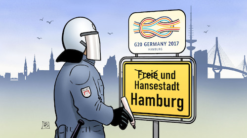 Cartoon: Exfreie Hansestadt (medium) by Harm Bengen tagged freie,hansestadt,hamburg,g20,gewalt,polizei,gipfel,ortsschild,demonstrationen,grundgesetz,harm,bengen,cartoon,karikatur,freie,hansestadt,hamburg,g20,gewalt,polizei,gipfel,ortsschild,demonstrationen,grundgesetz,harm,bengen,cartoon,karikatur