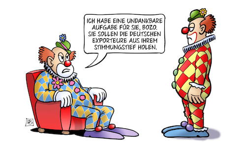 Cartoon: Export-Stimmungstief (medium) by Harm Bengen tagged clowns,aufgabe,bozo,deutsche,exporteure,stimmungstief,konjunktur,wirtschaft,harm,bengen,cartoon,karikatur,clowns,aufgabe,bozo,deutsche,exporteure,stimmungstief,konjunktur,wirtschaft,harm,bengen,cartoon,karikatur