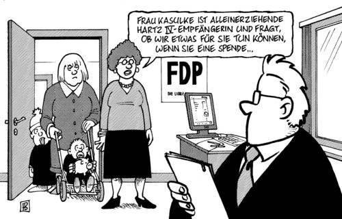 Cartoon: FDP-Spende (medium) by Harm Bengen tagged fdp,spende,mehrwertsteuersenkung,hotel,hoteliers,korruption,käuflich,hartz,alleinerziehend,mutter,kind,familie,finanzen