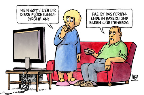 Cartoon: Ferienendströme (medium) by Harm Bengen tagged flüchtlingsströme,flüchtlinge,asyl,ferienende,bayern,baden,württemberg,verkehr,harm,bengen,cartoon,karikatur,flüchtlingsströme,flüchtlinge,asyl,ferienende,bayern,baden,württemberg,verkehr,harm,bengen,cartoon,karikatur