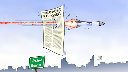 Cartoon: Feuerpause zerfetzt (medium) by Harm Bengen tagged feuerpause,israel,beirut,libanon,angriff,raketen,krieg,usa,iran,harm,bengen,cartoon,karikatur,feuerpause,israel,beirut,libanon,angriff,raketen,krieg,usa,iran,harm,bengen,cartoon,karikatur