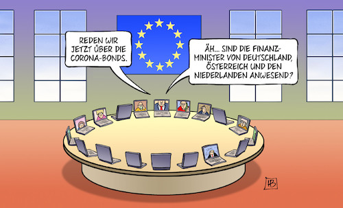 Cartoon: Finanzminister-Videokonferenz (medium) by Harm Bengen tagged finanzminister,videokonferenz,coronabonds,bonds,schulden,deutschland,österreich,niederlanden,laptops,corona,anleihen,europa,eu,coronavirus,ansteckung,pandemie,epidemie,krankheit,schaden,harm,bengen,cartoon,karikatur,finanzminister,videokonferenz,coronabonds,bonds,schulden,deutschland,österreich,niederlanden,laptops,corona,anleihen,europa,eu,coronavirus,ansteckung,pandemie,epidemie,krankheit,schaden,harm,bengen,cartoon,karikatur