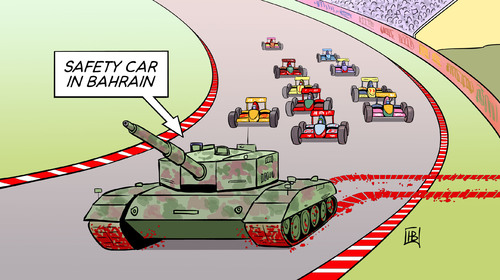 Cartoon: Formel 1 in Bahrain (medium) by Harm Bengen tagged formel,bahrain,autorennen,saudi,arabien,panzer,volksaufstand,unterdrueckung,blut,revolution,sport,arabischer,fruehling,formel eins,bahrain,autorennen,saudi arabien,panzer,volksaufstand,revolution,arabischer frühling,formel,eins,saudi,arabien,arabischer,frühling