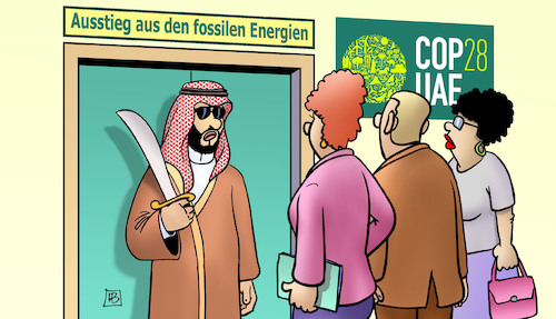 Cartoon: Fossiler Türsteher (medium) by Harm Bengen tagged ausstieg,fossilen,energien,cop28,klimawandel,saudi,arabien,ölstaaten,säbel,türsteher,harm,bengen,cartoon,karikatur,ausstieg,fossilen,energien,cop28,klimawandel,saudi,arabien,ölstaaten,säbel,türsteher,harm,bengen,cartoon,karikatur