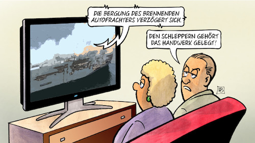 Cartoon: Frachterbergung (medium) by Harm Bengen tagged bergung,autofrachter,brand,nordsee,havarie,schifffahrt,tv,schlepper,harm,bengen,cartoon,karikatur,bergung,autofrachter,brand,nordsee,havarie,schifffahrt,tv,schlepper,harm,bengen,cartoon,karikatur