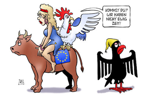 Cartoon: Frankreich mahnt Deutschland (medium) by Harm Bengen tagged frankreich,mahnt,deutschland,lemaire,finanzminister,gallischer,hahn,adler,michel,europa,stier,harm,bengen,cartoon,karikatur,frankreich,mahnt,deutschland,lemaire,finanzminister,gallischer,hahn,adler,michel,europa,stier,harm,bengen,cartoon,karikatur