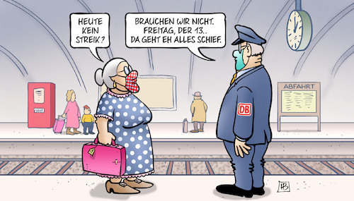 Cartoon: Freitag kein Streik (medium) by Harm Bengen tagged susemil,bahnhofsbeamter,schaffner,freitag,13,gdl,gewerkschaft,lokomotivführer,bahn,streik,fahrgast,reisender,bahnhof,lokführer,bahnstreik,harm,bengen,cartoon,karikatur,susemil,bahnhofsbeamter,schaffner,freitag,13,gdl,gewerkschaft,lokomotivführer,bahn,streik,fahrgast,reisender,bahnhof,lokführer,bahnstreik,harm,bengen,cartoon,karikatur